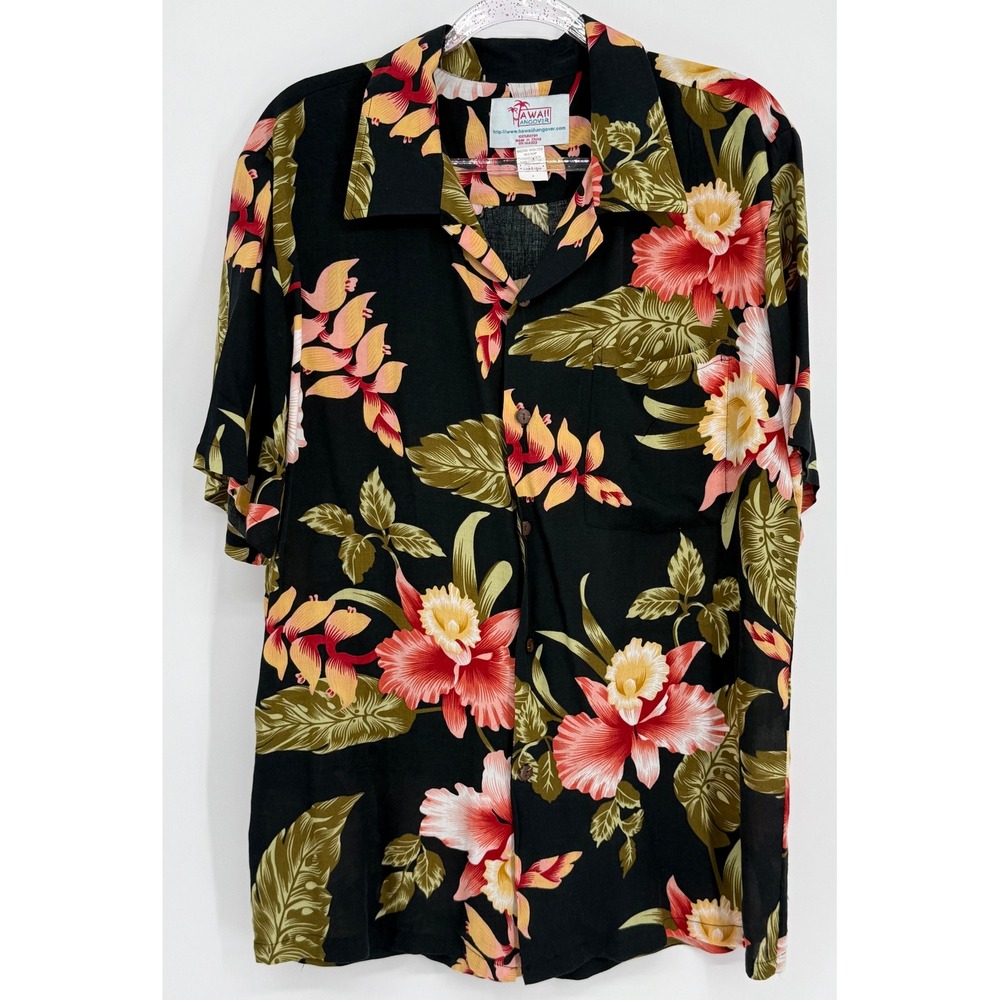 Hawaii Hangover Mens Black Floral Tropical Rayon Aloha Shirt Sz M